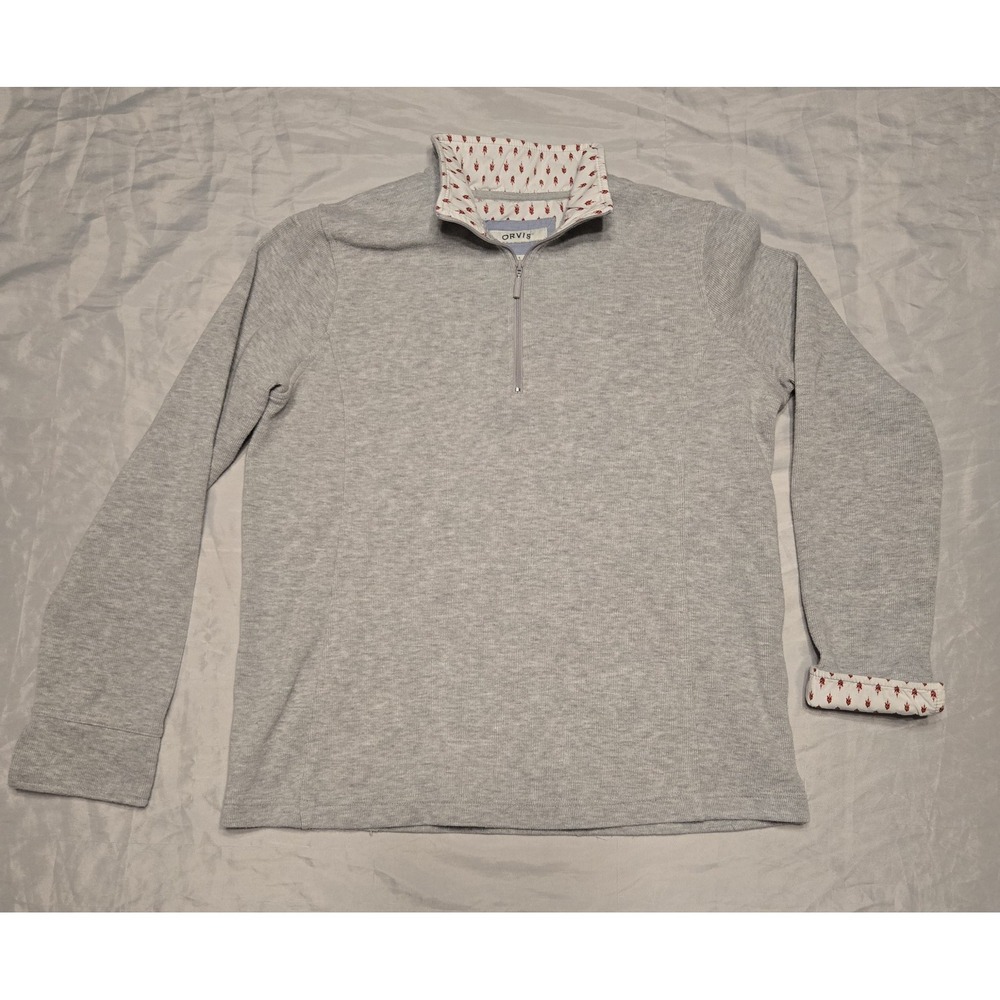 Orvis Womens Quarter Zip Print-trimmed Ribbed Knit Pullover Gray Size Large